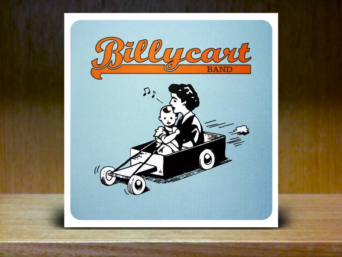 pale blue with a vintage cartoon soapbox billycart on the front