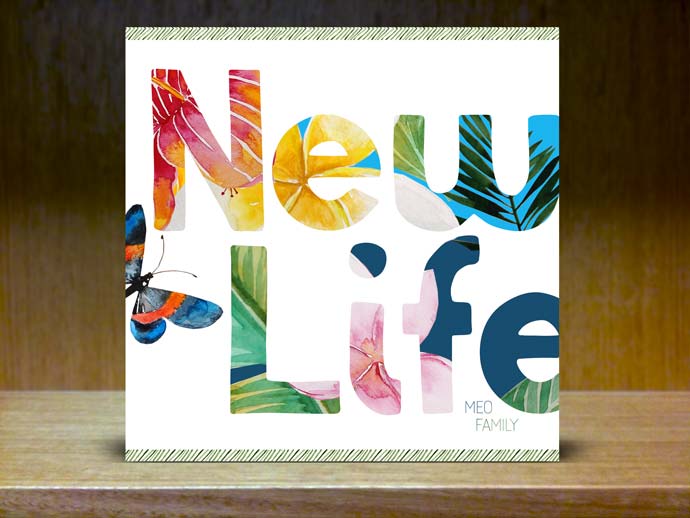 New Life word overlaid with flowers and plants and tropical beach creatures around it