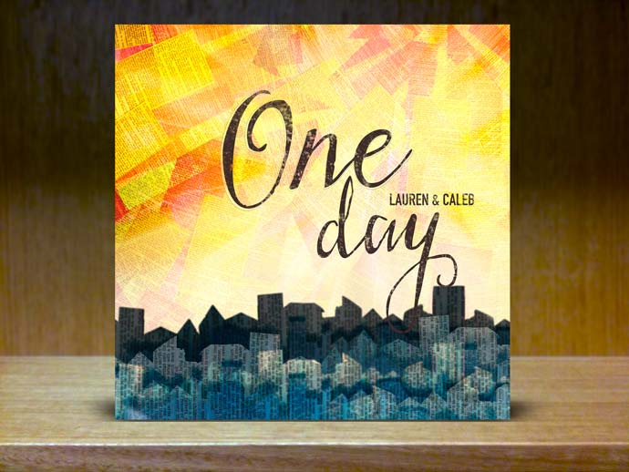 The word 'One Day' floating above an cityscape collage